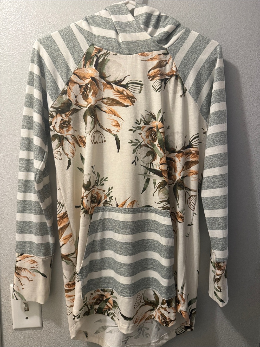 LuLaRoe Cream Floral & Gray Stripe Hooded Pullover